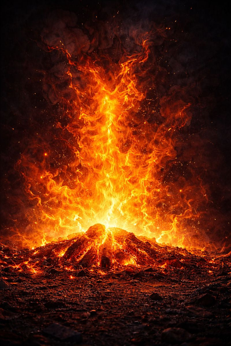 Fiery explosion or volcanic eruption with intense flames and glowing embers.