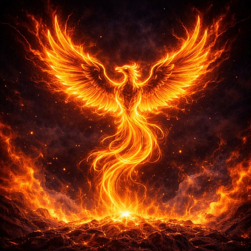 Phoenix bird made of fire rising from ashes against a dark background