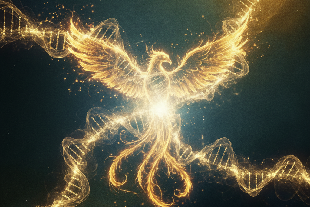 Ethereal phoenix rising from intertwined DNA strands on a dark background