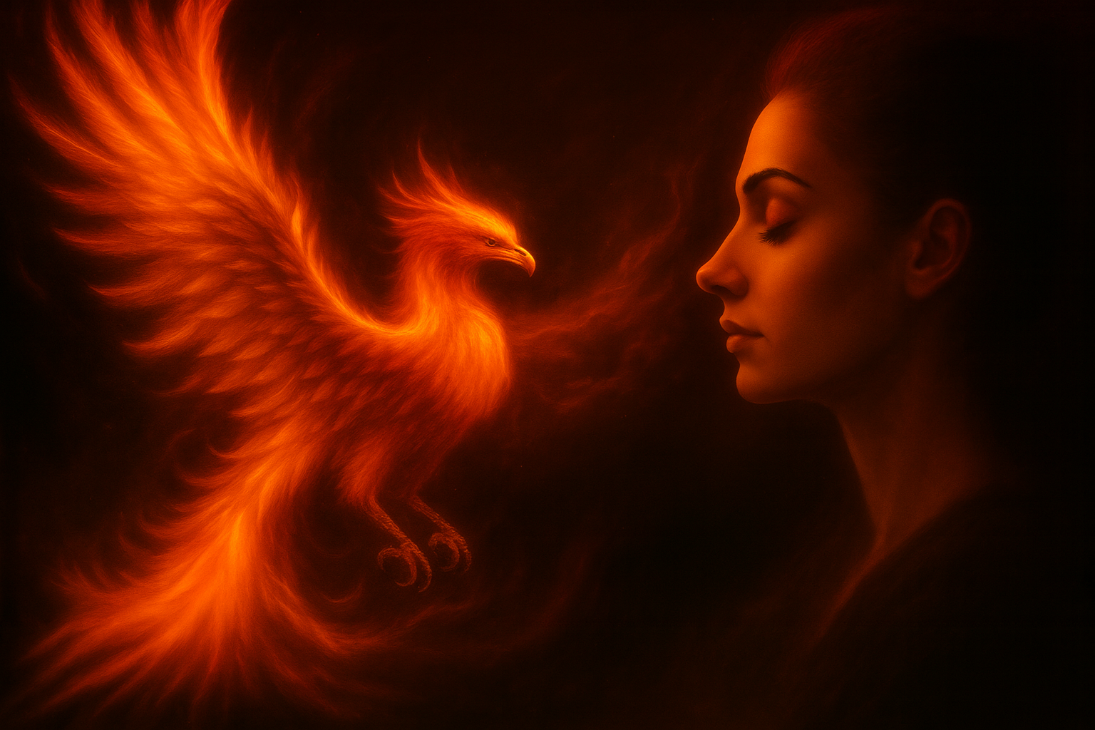 Woman's face with a phoenix bird on a dark background
